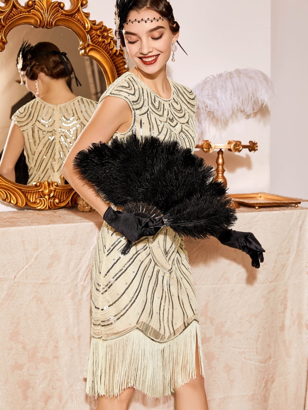 ELEGANT Babeyond/ Beaded Fringe Cocktail Dress in Cream/ L/ Ptp-18-19” - Picture 5 of 6
